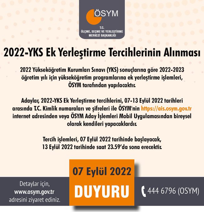 2022 YKS EK YERLEŞTİRME TERCİHLERİ BAŞLADI