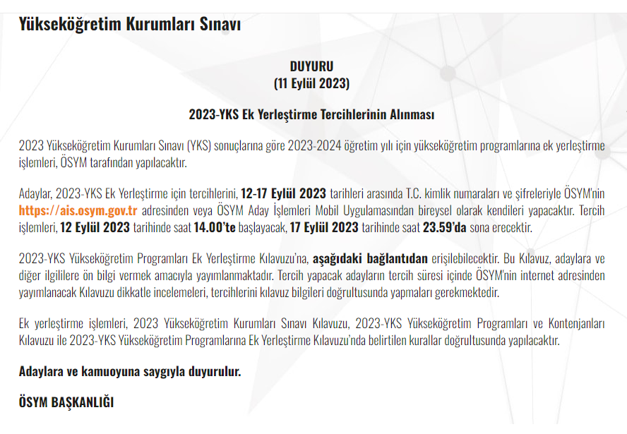 2023 YKS EK YERLEŞTİRME TERCİH BAŞVURU TARİHLERİ BELLİ OLDU